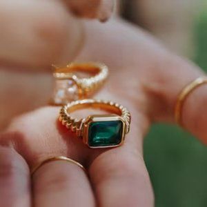 Gold Emerald Chunky Statement Baguette Gemstone Ring